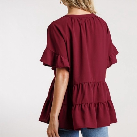 Umgee Bell Ruffle Sleeve Tiered Oversized Short Sleeve In Burgundy. NWT! Sz S - Picture 4 of 9